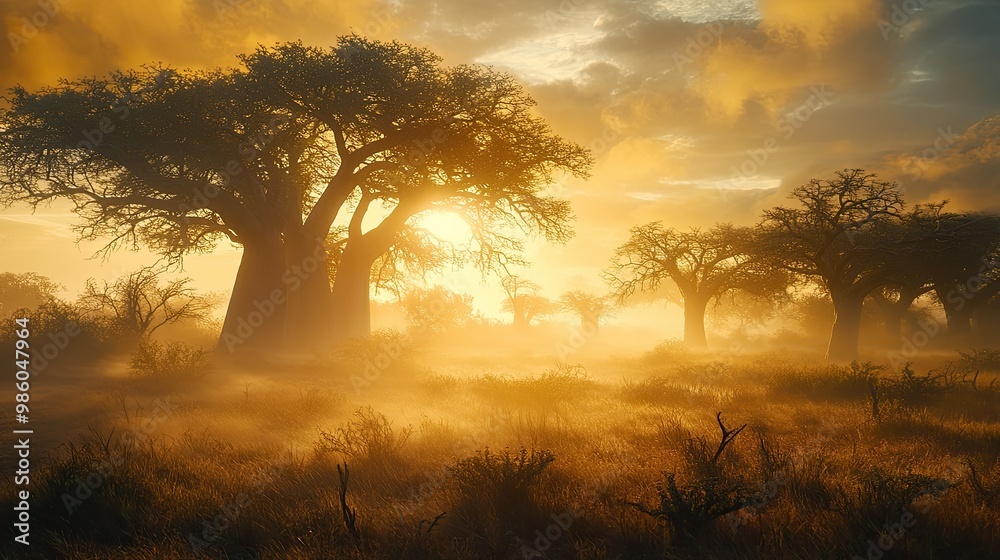 Early morning mist shrouding the Avenue of the Baobabs, with sunlight filtering through the trees, creating an ethereal landscape. Early morning mist shrouding the Avenue of the Baobabs, with sunlight filtering through the trees, creating an ethereal landscape.