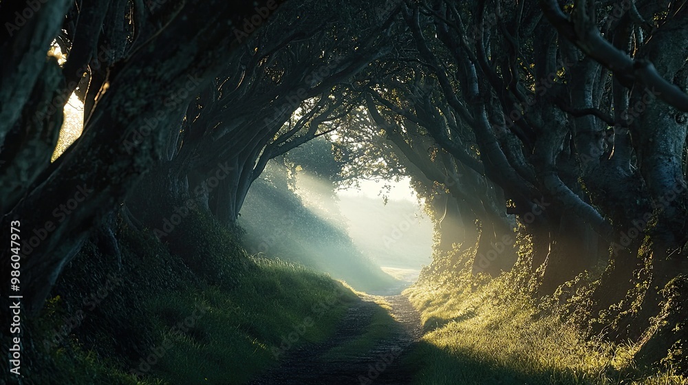 Obraz premium Early morning light piercing through the dense branches of the Dark Hedges, creating a dramatic interplay of light and shadow.