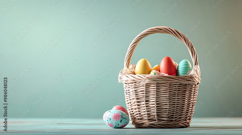 Colorful Easter basket filled with painted eggs on a soft pastel background, perfect for spring festivities and celebrations. Colorful Easter basket filled with painted eggs on a soft pastel background, perfect for spring festivities and celebrations.