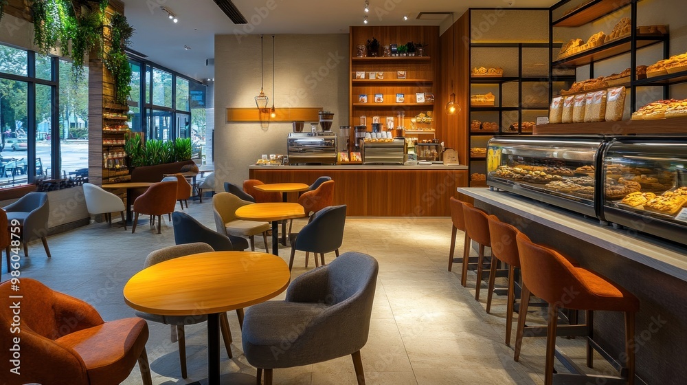 Modern cafe interior with wooden tables and chairs, a coffee bar, and a display of pastries. Modern cafe interior with wooden tables and chairs, a coffee bar, and a display of pastries.