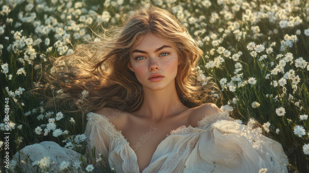 serene portrait of young woman with long hair, surrounded by field of daisies, exuding natural beauty and tranquility. soft light enhances her features, creating dreamy atmosphere serene portrait of young woman with long hair, surrounded by field of daisies, exuding natural beauty and tranquility. soft light enhances her features, creating dreamy atmosphere