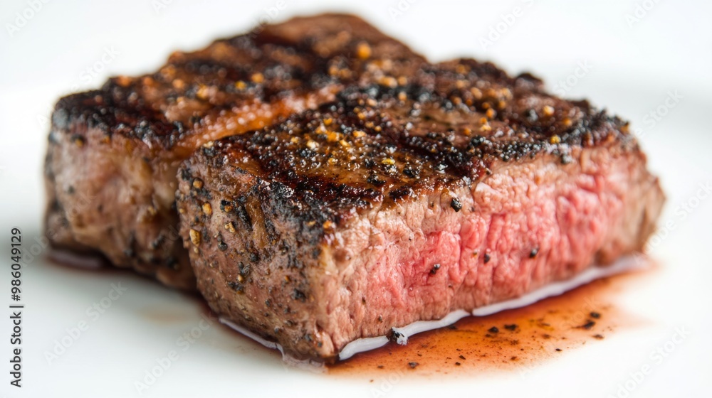 A close-up of a beautifully seared steak with a caramelized crust and a rich, pink center, presented on a pristine white surface to highlight its texture and quality. A close-up of a beautifully seared steak with a caramelized crust and a rich, pink center, presented on a pristine white surface to highlight its texture and quality.
