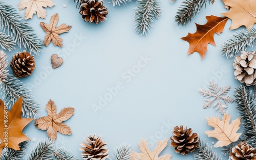 Wallpaper Mural Frosted pine branches, pinecones, and autumn leaves arranged on a light blue background, combining seasonal elements. Torontodigital.ca