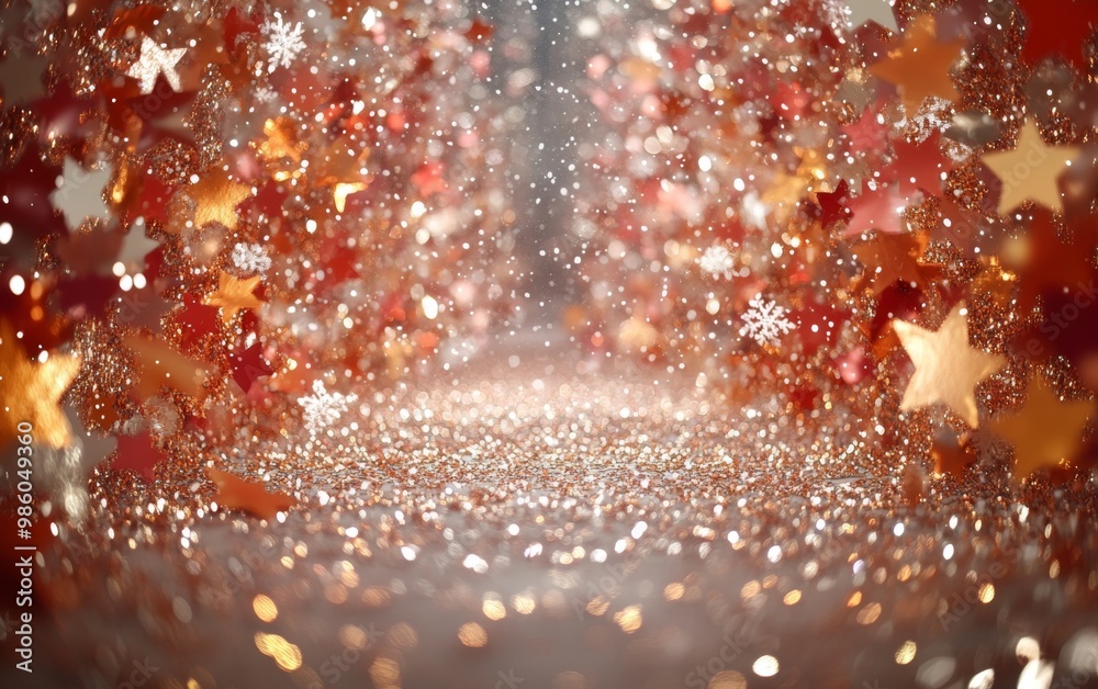 Glittery stars and snowflakes sparkling in a festive bokeh backdrop of warm gold and red lights.