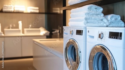 Wallpaper Mural Two white washing machines in a modern bathroom with a stack of towels on the shelf. Torontodigital.ca