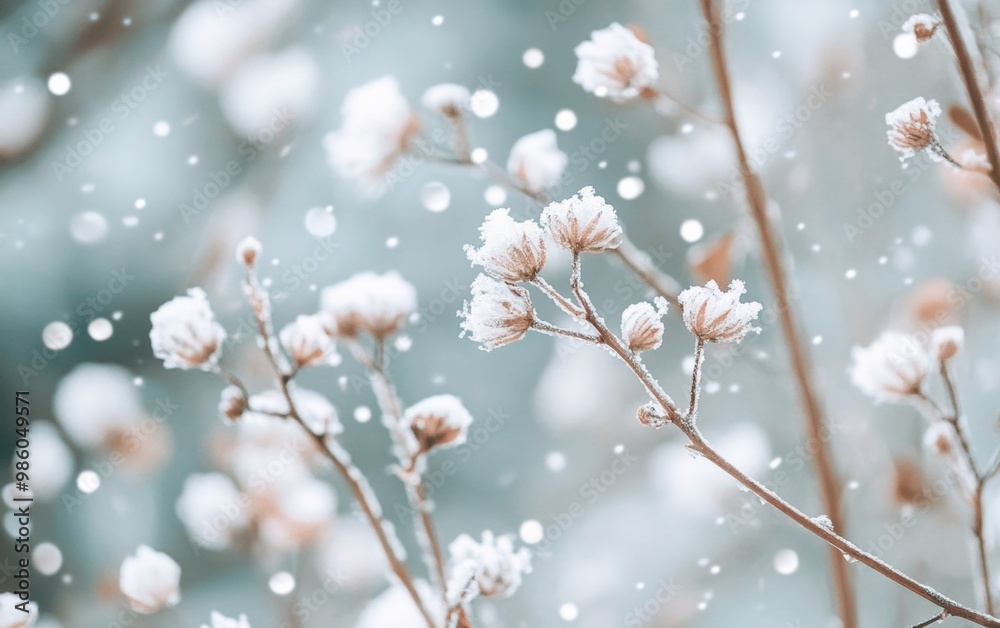 Frost-covered wildflowers in soft focus, with gentle snowfall and a cool blue background. Frost-covered wildflowers in soft focus, with gentle snowfall and a cool blue background.