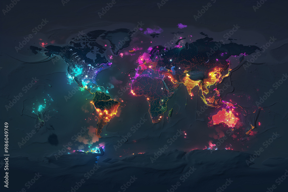 Fototapeta premium Detailed World Map with Neon Light Overlay