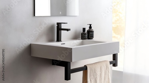 Floating vanity with built-in towel rack and matte black faucet, minimalist bathroom aesthetic, sleek modern style