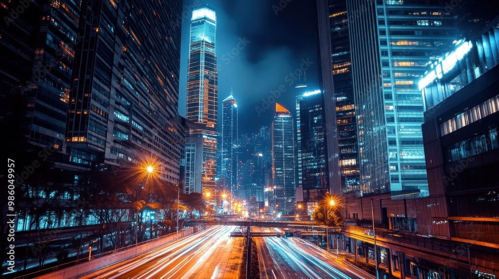Nighttime long exposure shot of a highway with skyscrapers in the background. Nighttime long exposure shot of a highway with skyscrapers in the background.