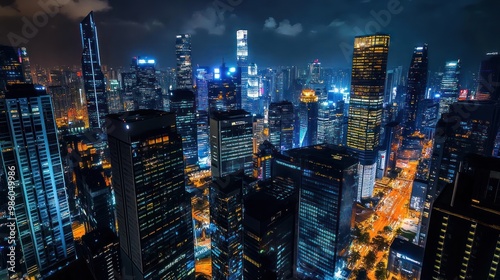 Wallpaper Mural A stunning aerial view of a modern cityscape at night, with skyscrapers lit up in a variety of colors, creating a captivating and vibrant urban landscape. Torontodigital.ca