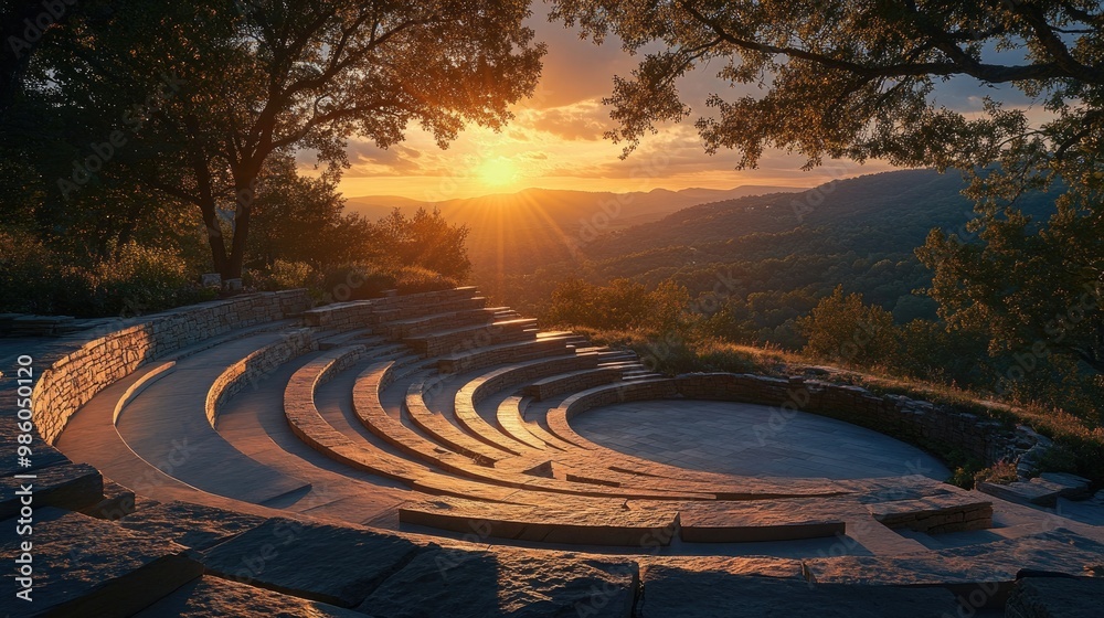 Fototapeta premium A tranquil sunset scene at an amphitheatre overlooking a valley, with the seating made of smooth stone and the stage set against a backdrop of rolling hills. The setting sun casts a golden light over