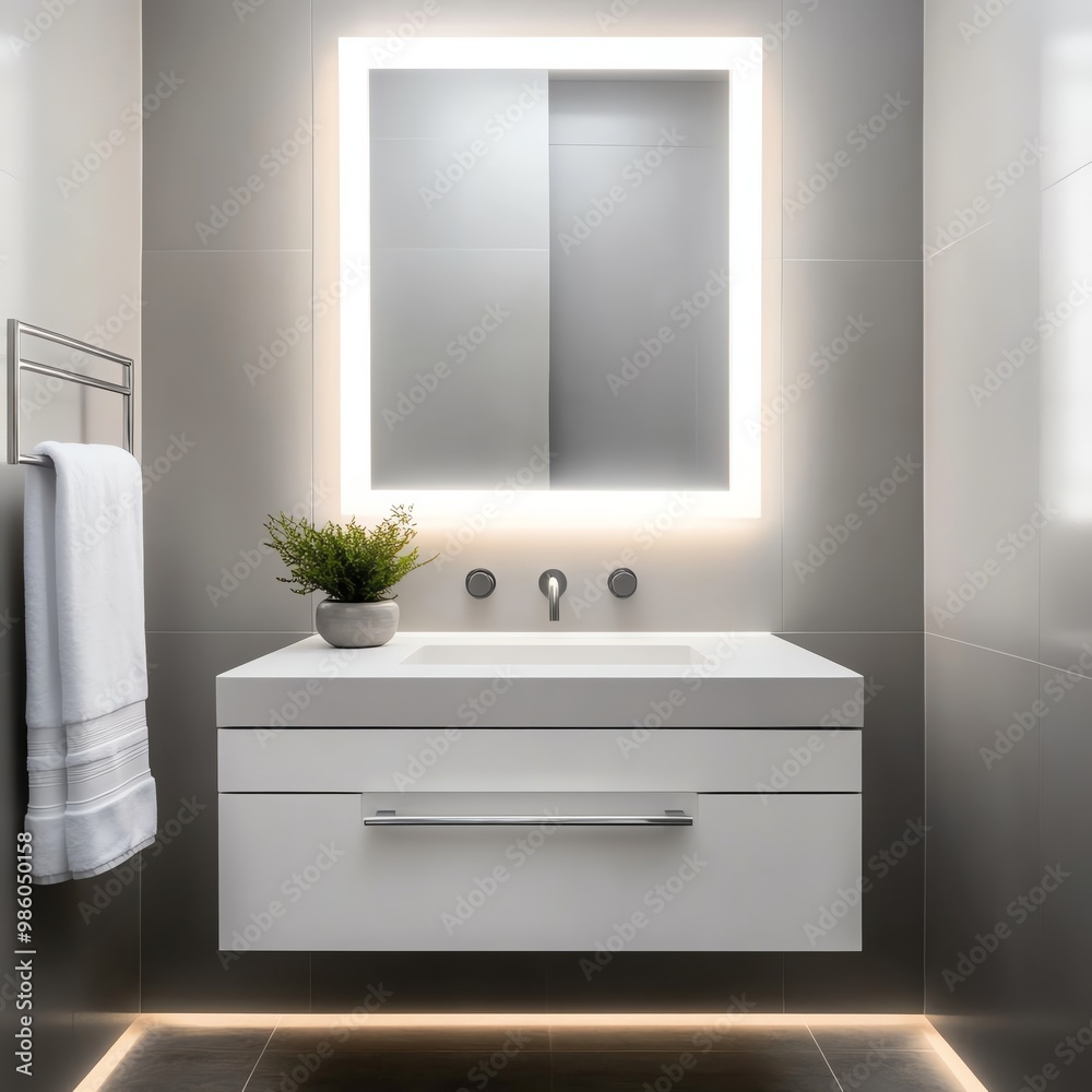 Fototapeta premium Floating vanity with built-in towel rack and matte black faucet, minimalist bathroom aesthetic, sleek modern style