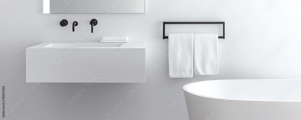 Floating vanity with clean lines and built-in towel rack, minimalist bathroom aesthetic, contemporary simplicity Floating vanity with clean lines and built-in towel rack, minimalist bathroom aesthetic, contemporary simplicity