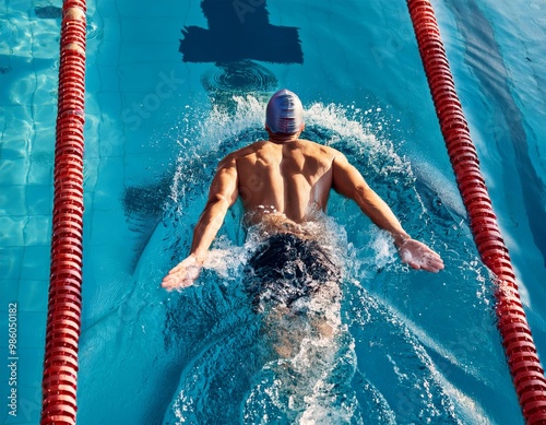  Swimmer, seen from above, powers through water with butterfly stroke, his muscular back 