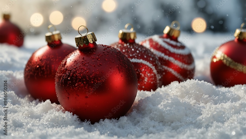 Sparkling red Christmas ornaments on snow. Sparkling red Christmas ornaments on snow.