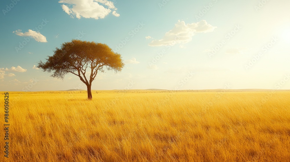 Fototapeta premium Endless golden grass of the savannah with a lone acacia tree standing tall under the midday sun, symbolizing solitude in the wild.