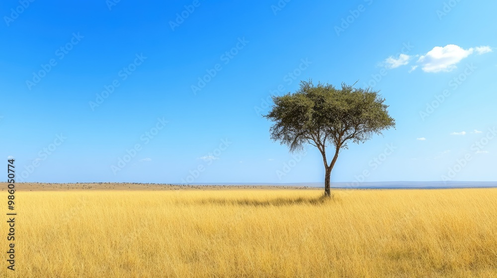 Endless golden grass of the savannah with a lone acacia tree standing tall under the midday sun, symbolizing solitude in the wild. Endless golden grass of the savannah with a lone acacia tree standing tall under the midday sun, symbolizing solitude in the wild.