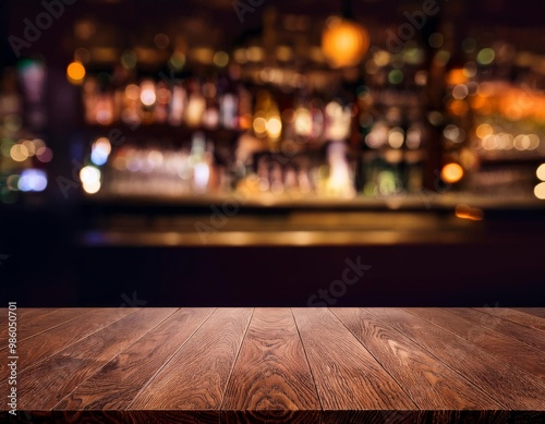 Wooden table with soft focus liquor bar background 