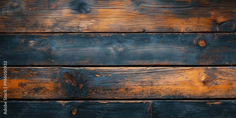 Close-up of weathered wooden planks, featuring vibrant blue and orange tonal variations.