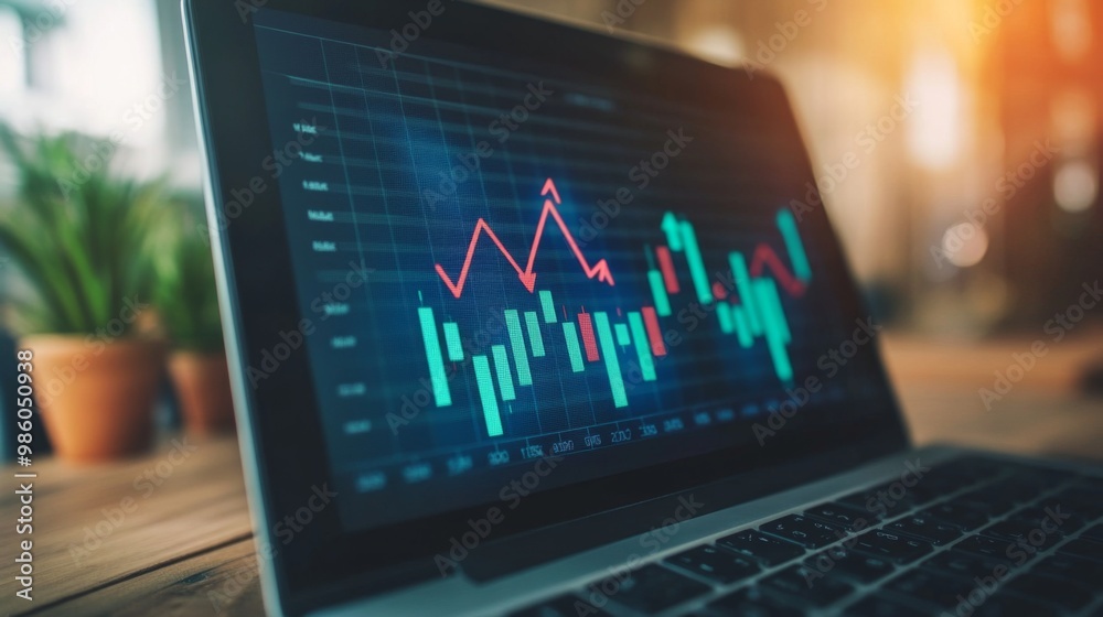 A close-up of a financial chart displayed on a laptop screen, with arrows pointing up and down, representing market changes and financial data. A close-up of a financial chart displayed on a laptop screen, with arrows pointing up and down, representing market changes and financial data.