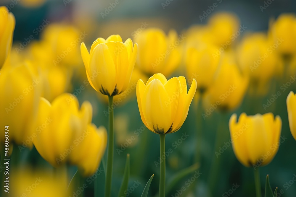 Obraz premium Yellow tulips in full bloom, set against a vibrant garden backdrop, exuding freshness and beauty.