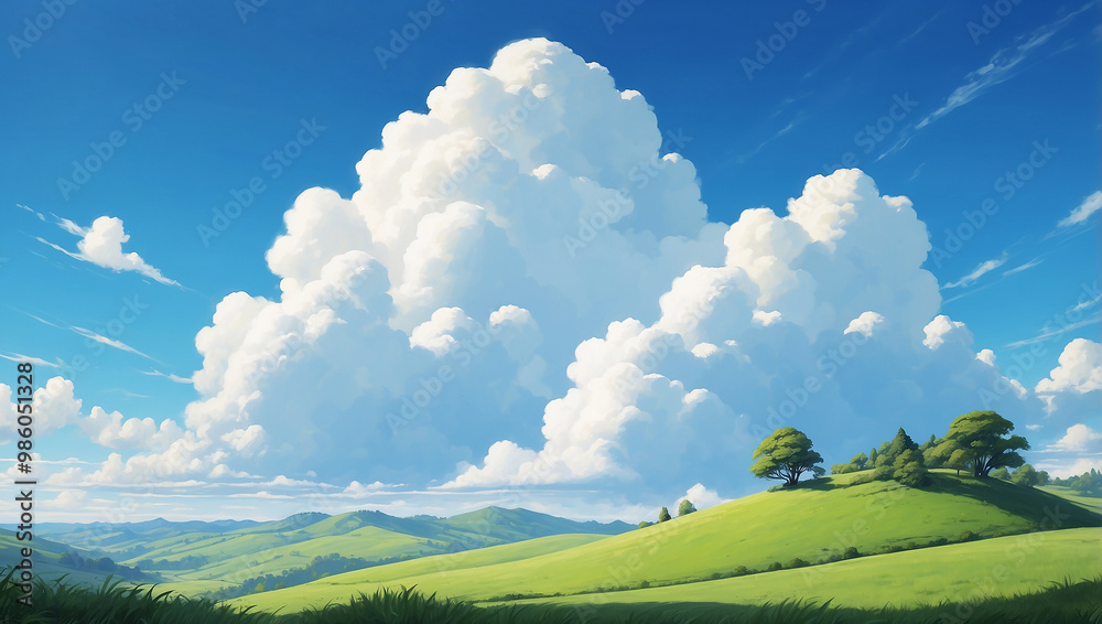 Obraz premium A single fluffy cloud drifts in a clear blue sky, casting a gentle shadow over the rolling green hills below.