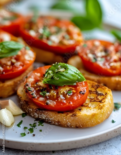 Fresh tomato and basil bruschetta on toasted bread