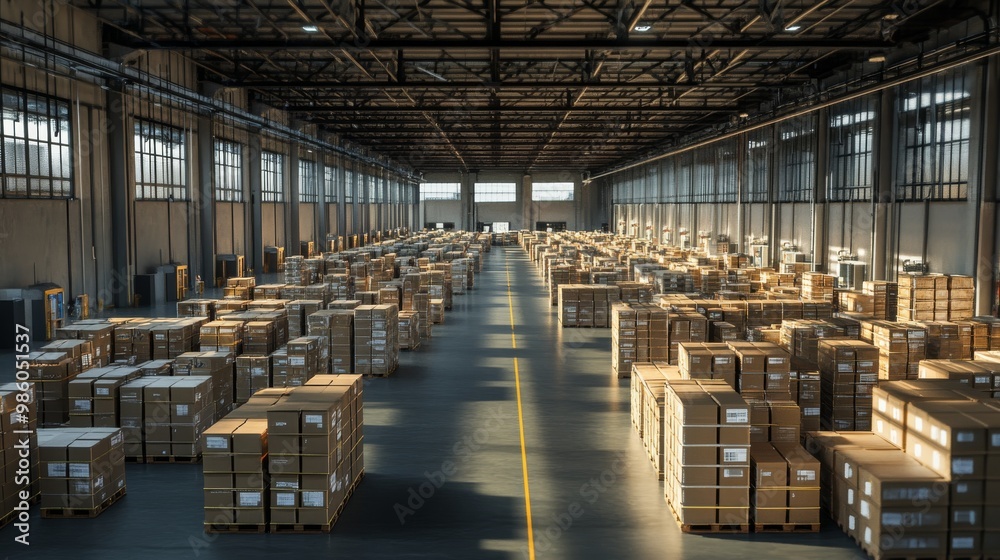 A vast warehouse filled with neatly stacked boxes, showcasing an organized storage space illuminated by natural light. A vast warehouse filled with neatly stacked boxes, showcasing an organized storage space illuminated by natural light.