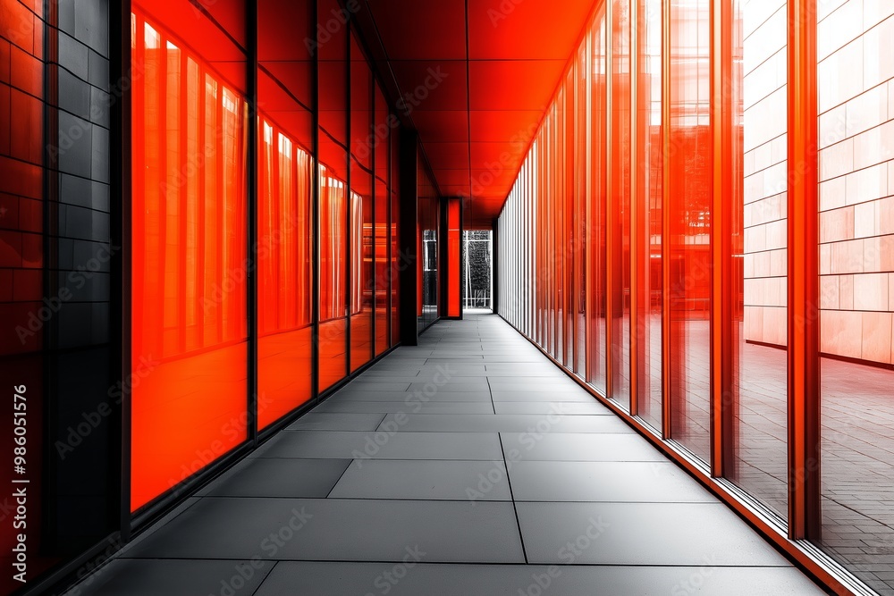 Fototapeta premium A long, modern corridor features vivid red glass panels and sunlight streaming in, creating a bold and dynamic architectural space.