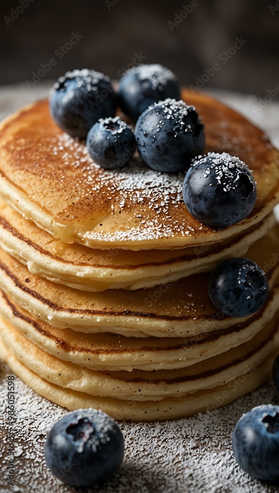 Stack of pancakes topped with blueberries and powdered sugar. Stack of pancakes topped with blueberries and powdered sugar.