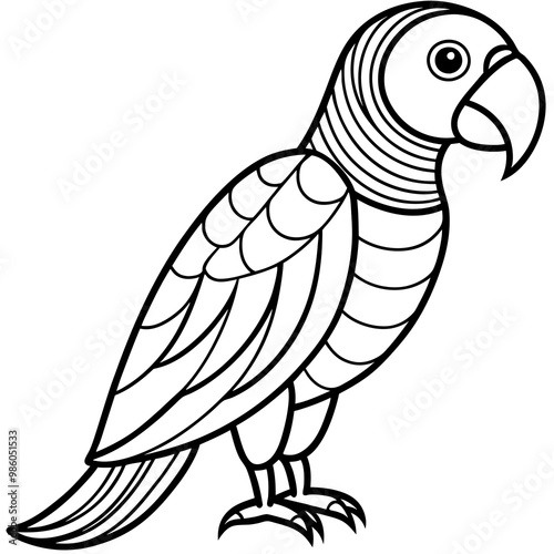 Colorful Parrot Elegant Black Line Art with Curved Feathers