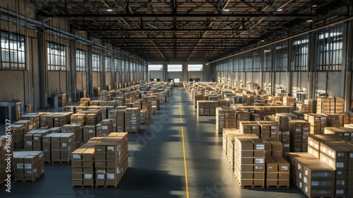 A vast warehouse filled with neatly stacked boxes, showcasing an organized storage space illuminated by natural light.