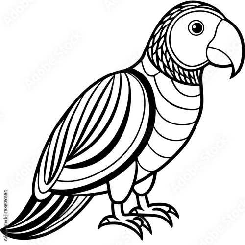 Colorful Parrot Elegant Black Line Art with Curved Feathers