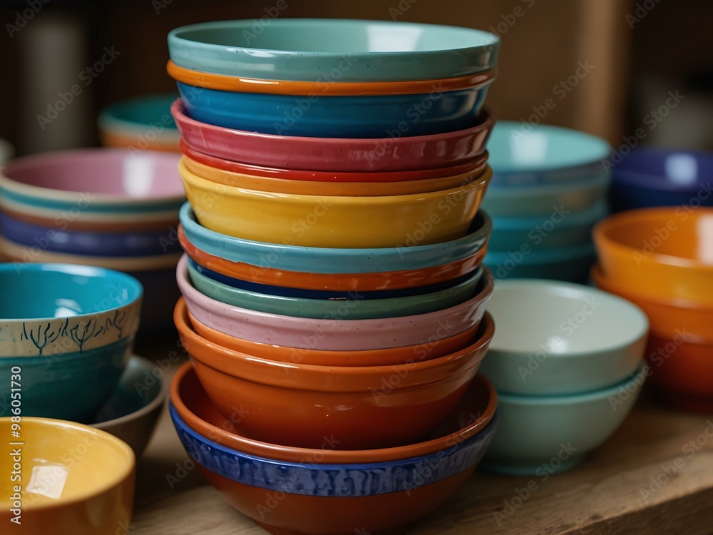 Stacked colorful ceramic bowls in vibrant display. Stacked colorful ceramic bowls in vibrant display.