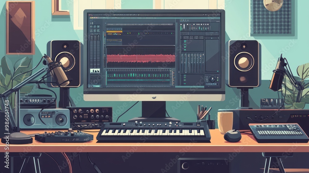 Music production studio with a computer, keyboard, microphone, and speakers. Music production studio with a computer, keyboard, microphone, and speakers.