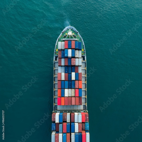 Aerial top view of cargo maritime ship