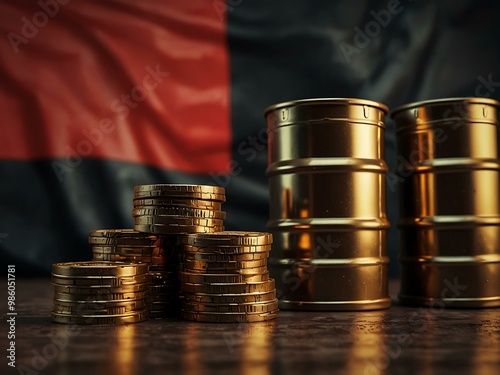 Stacks of coins with oil barrels against the Albania flag, highlighting economic effects. photo