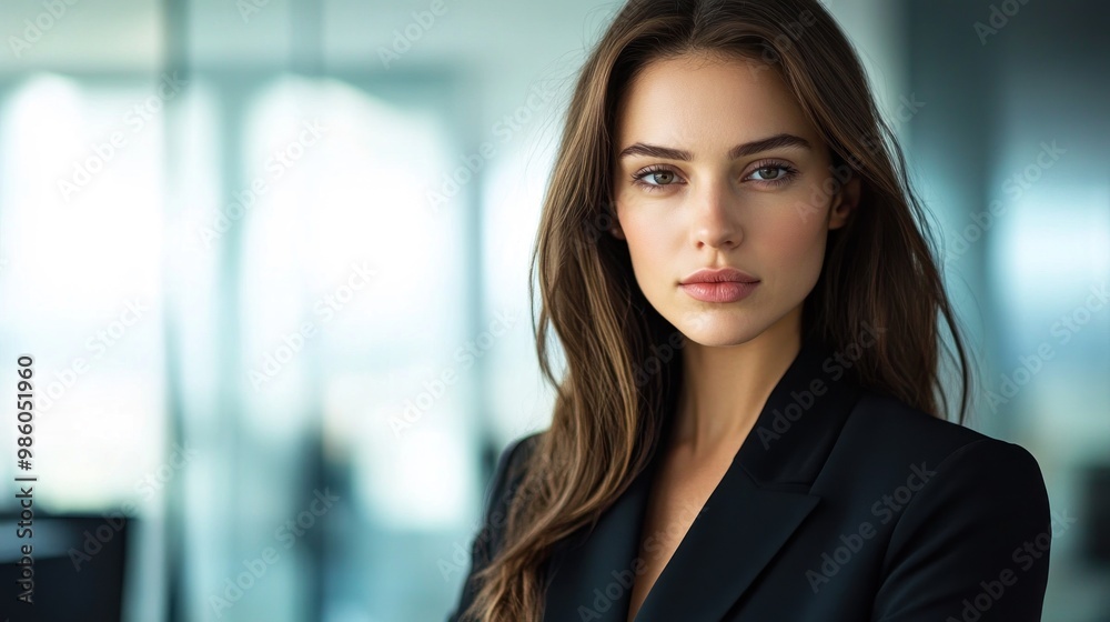 Portrait of a young woman in a black blazer looking at the camera with a serious expression. Portrait of a young woman in a black blazer looking at the camera with a serious expression.