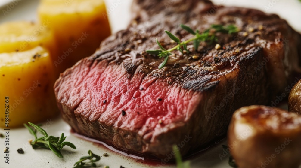 A close-up of a perfectly cooked beef steak on a plate, garnished with herbs and accompanied by side dishes, highlighting the texture and juiciness.