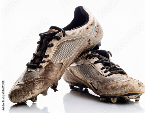 Dirty old shoes football, isolated on white background 