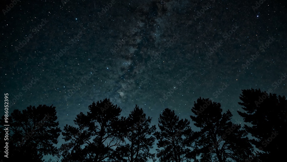 Starry night sky above silhouetted trees, captured in night photography. Starry night sky above silhouetted trees, captured in night photography.