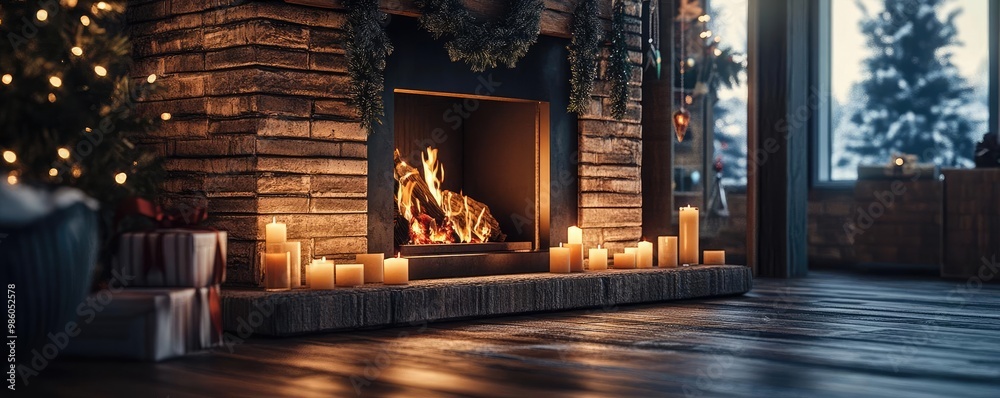 Cozy fireplace scene with flickering flames and glowing candles, creating a warm holiday atmosphere indoors. Cozy fireplace scene with flickering flames and glowing candles, creating a warm holiday atmosphere indoors.