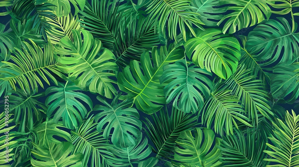 Seamless Pattern of Tropical Leaves in Vibrant Green Shades. AI generated illustration