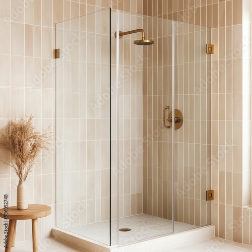 Frameless glass shower with brass fixtures and beige tiles, minimalist bathroom aesthetic, modern luxury photo