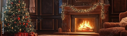 Cozy interior featuring a decorated Christmas tree and a warm fireplace, perfect for the festive holiday season.