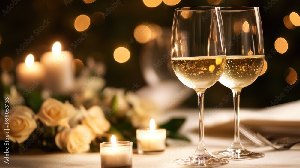 Two glasses of champagne on a romantic table setting with candles and roses. Two glasses of champagne on a romantic table setting with candles and roses.