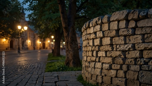 Stone wall in Krakow during the evening.