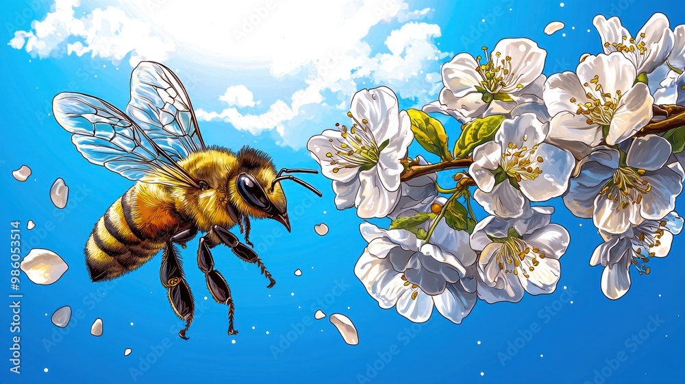 A vibrant bee flying near beautiful white flowers under a bright blue sky, highlighting nature's colors and pollination process. A vibrant bee flying near beautiful white flowers under a bright blue sky, highlighting nature's colors and pollination process.
