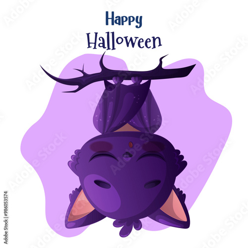 A cute purple bat sleeping upside down. Adorable funny animals with cartoon vector illustration