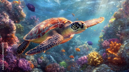 A sea turtle swims through a vibrant coral reef, bathed in sunlight.